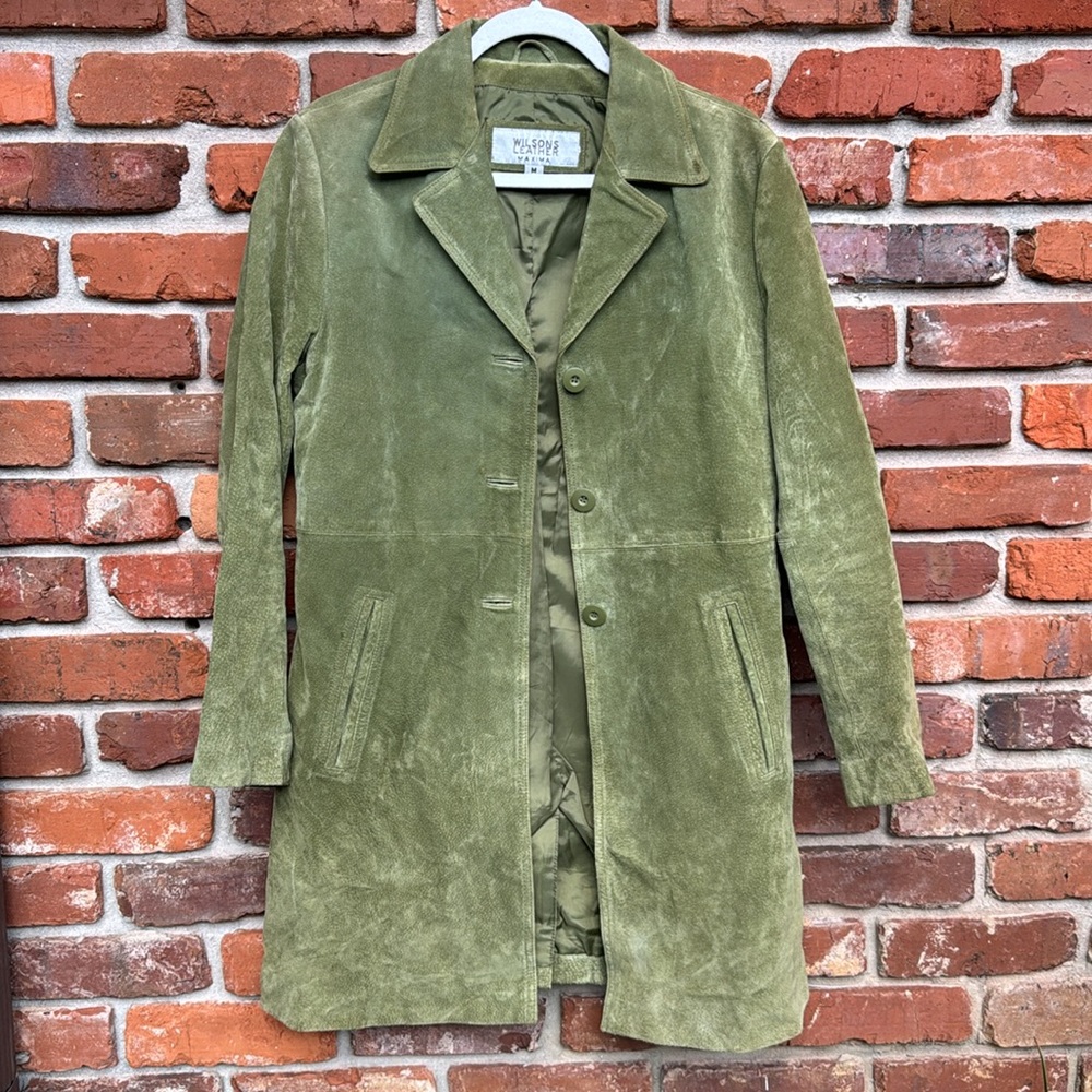 Wilsons Leather Soft Suede Vtg Avocado Green Pockets Lined Button Car Coat M - Picture 4 of 17